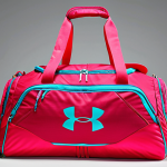 **Image of Under Armour Gym Bag**: Create an image of a stylish Under Armour gym bag made from durable synthetic fibers. The bag should be shown in a gym environment, with visible compartments for organizing clothes, shoes, and accessories. Highlight the ventilation feature in the shoe compartment and adjustable straps for comfort.