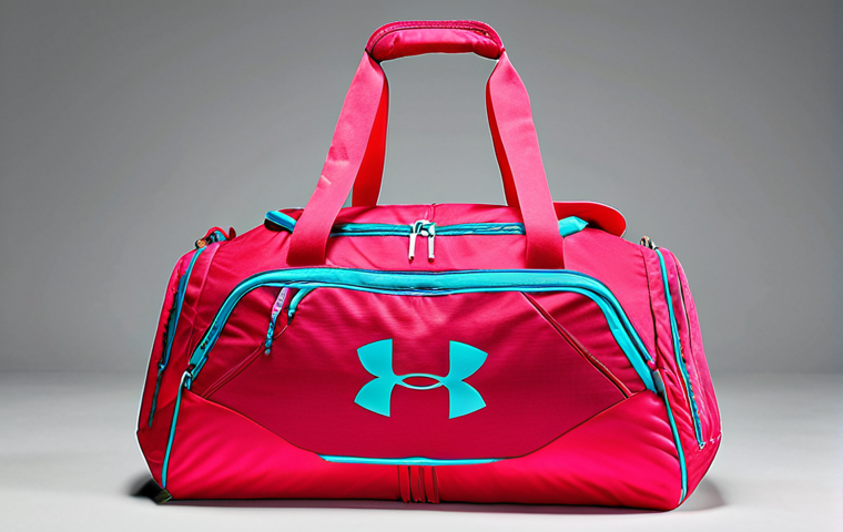 **Image of Under Armour Gym Bag**: Create an image of a stylish Under Armour gym bag made from durable synthetic fibers. The bag should be shown in a gym environment, with visible compartments for organizing clothes, shoes, and accessories. Highlight the ventilation feature in the shoe compartment and adjustable straps for comfort.