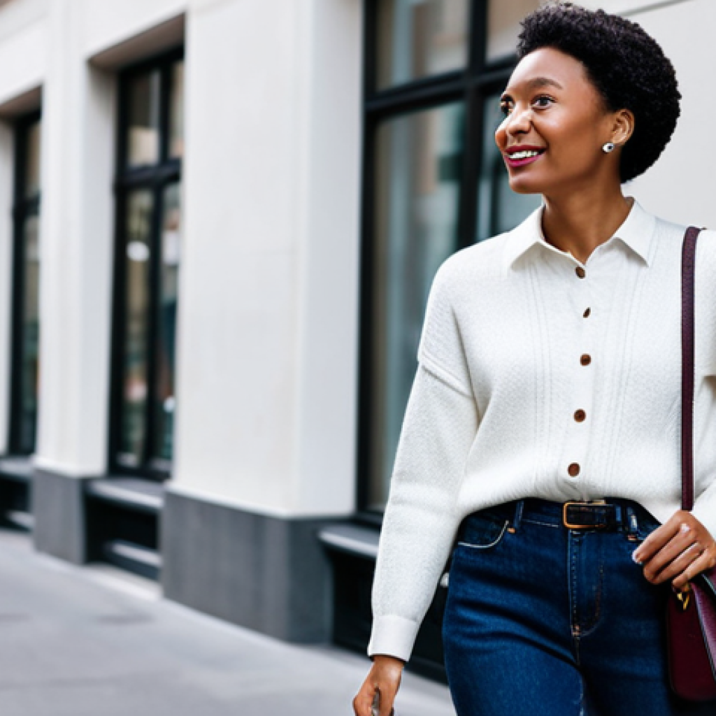 A stylish woman in a modest, high-quality, dark denim outfit, featuring well-fitting jeans and a crisp white button-up shirt with a comfortable knit sweater. She carries a bordeaux-colored Coach Tab Bag crossbody, highlighting its iconic C-lock and smooth leather. The setting is a bright, modern city street during daytime, with blurred urban architecture in the background. The image should convey a professional and sophisticated casual chic aesthetic, with perfect anatomy, correct proportions, natural pose, well-formed hands, and proper finger count. safe for work, appropriate content, fully clothed, modest clothing, professional photography, high quality, sharp focus.