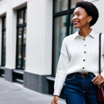 A stylish woman in a modest, high-quality, dark denim outfit, featuring well-fitting jeans and a crisp white button-up shirt with a comfortable knit sweater. She carries a bordeaux-colored Coach Tab Bag crossbody, highlighting its iconic C-lock and smooth leather. The setting is a bright, modern city street during daytime, with blurred urban architecture in the background. The image should convey a professional and sophisticated casual chic aesthetic, with perfect anatomy, correct proportions, natural pose, well-formed hands, and proper finger count. safe for work, appropriate content, fully clothed, modest clothing, professional photography, high quality, sharp focus.