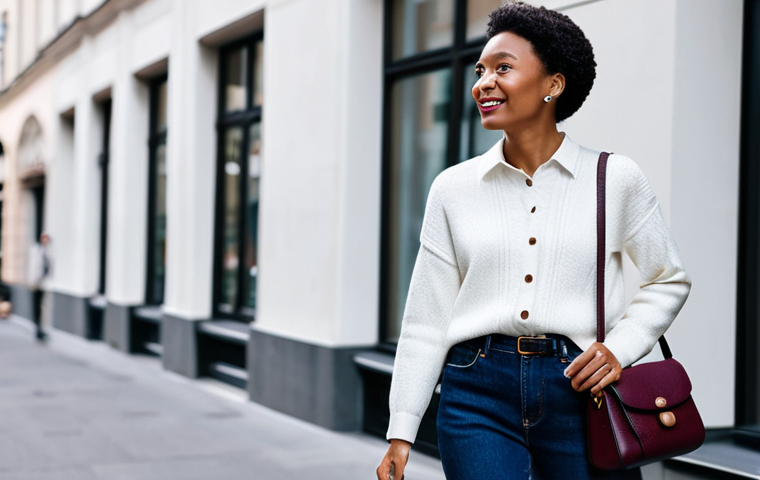 A stylish woman in a modest, high-quality, dark denim outfit, featuring well-fitting jeans and a crisp white button-up shirt with a comfortable knit sweater. She carries a bordeaux-colored Coach Tab Bag crossbody, highlighting its iconic C-lock and smooth leather. The setting is a bright, modern city street during daytime, with blurred urban architecture in the background. The image should convey a professional and sophisticated casual chic aesthetic, with perfect anatomy, correct proportions, natural pose, well-formed hands, and proper finger count. safe for work, appropriate content, fully clothed, modest clothing, professional photography, high quality, sharp focus.